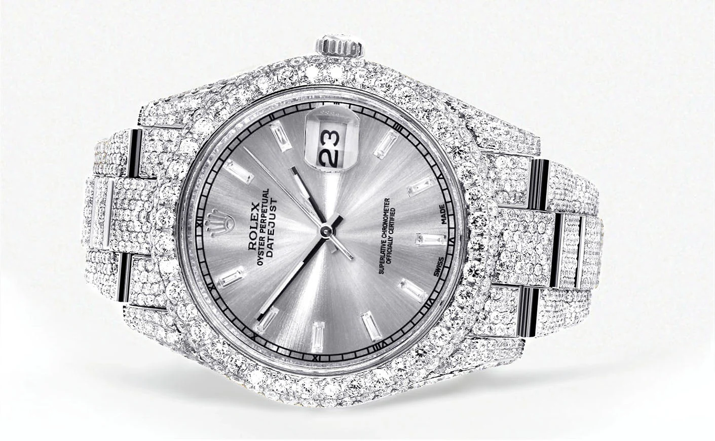 Womens Diamond Iced Out Rolex Datejust 41 | 25 Carats Of Diamonds | Custom Silver Diamond Dial | Two Row | Oyster Band - Image 2
