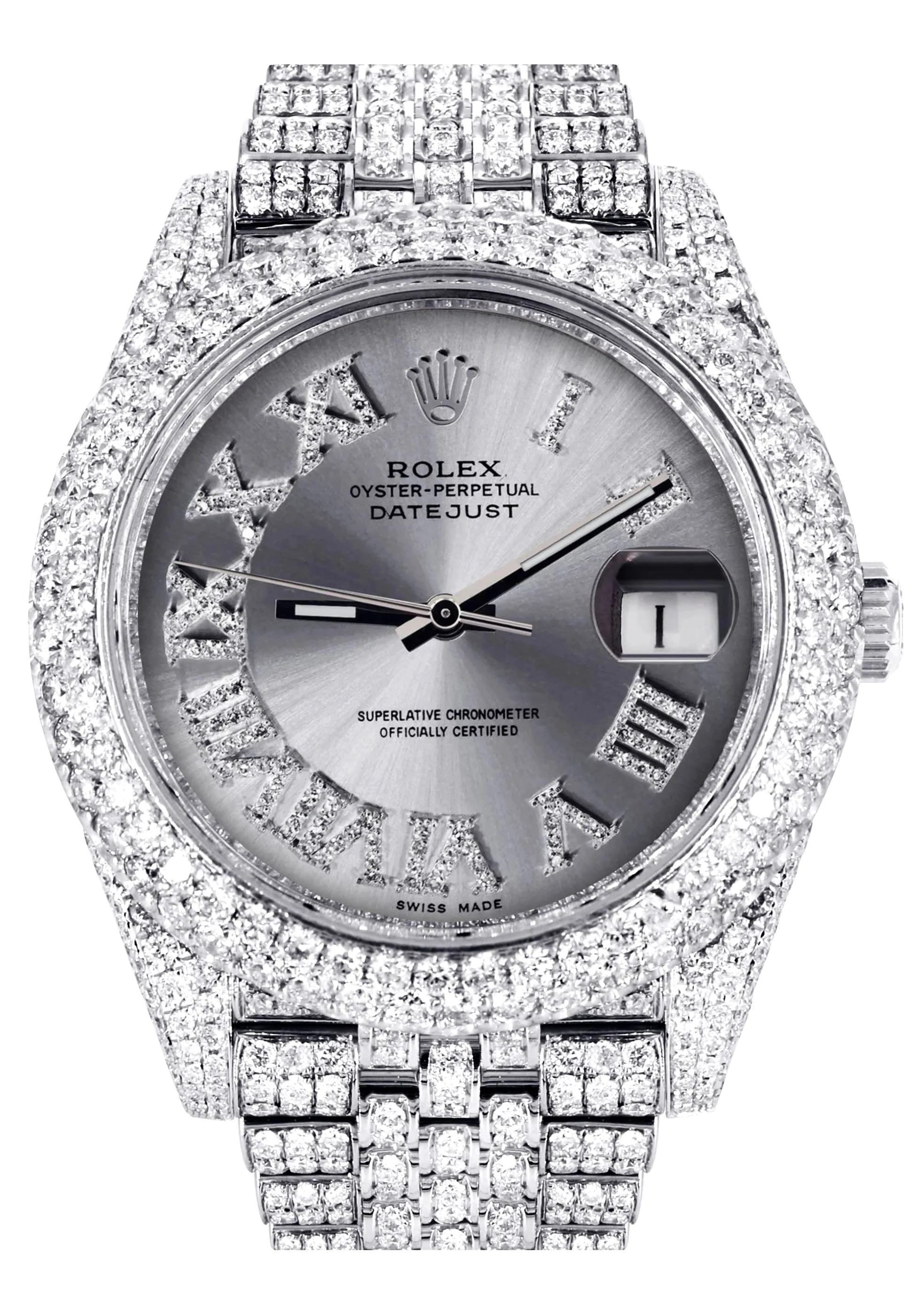 Womens Diamond Iced Out Rolex Datejust 41 | 25 Carats Of Diamonds | Custom Silver Roman Numeral Diamond Dial | Two Row | Jubilee Band