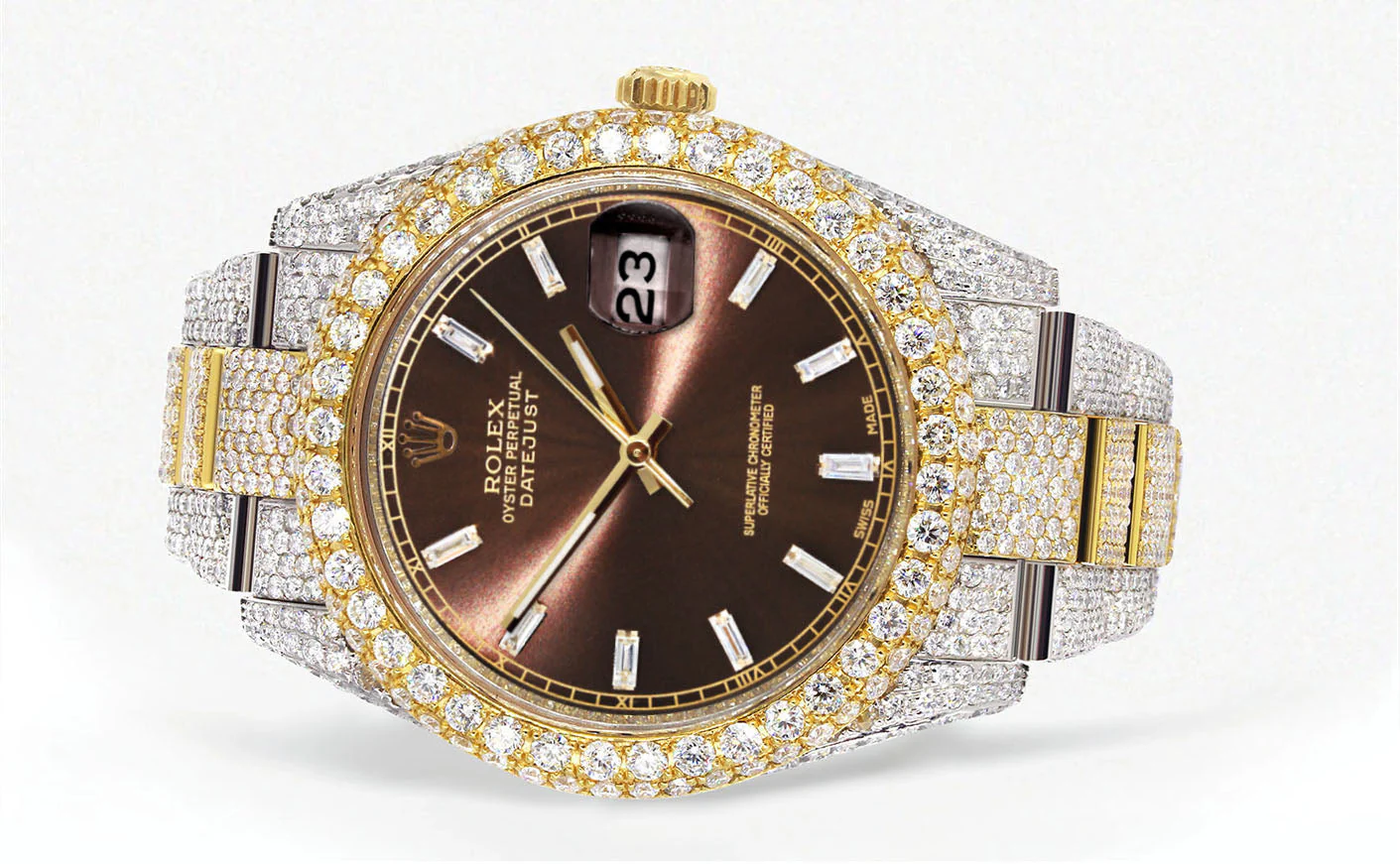 Womens Diamond Iced Out Rolex Datejust 41 | 25 Carats Of Diamonds | Morocco Brown Dial | Two Tone | Two Row | Oyster Band - Image 2