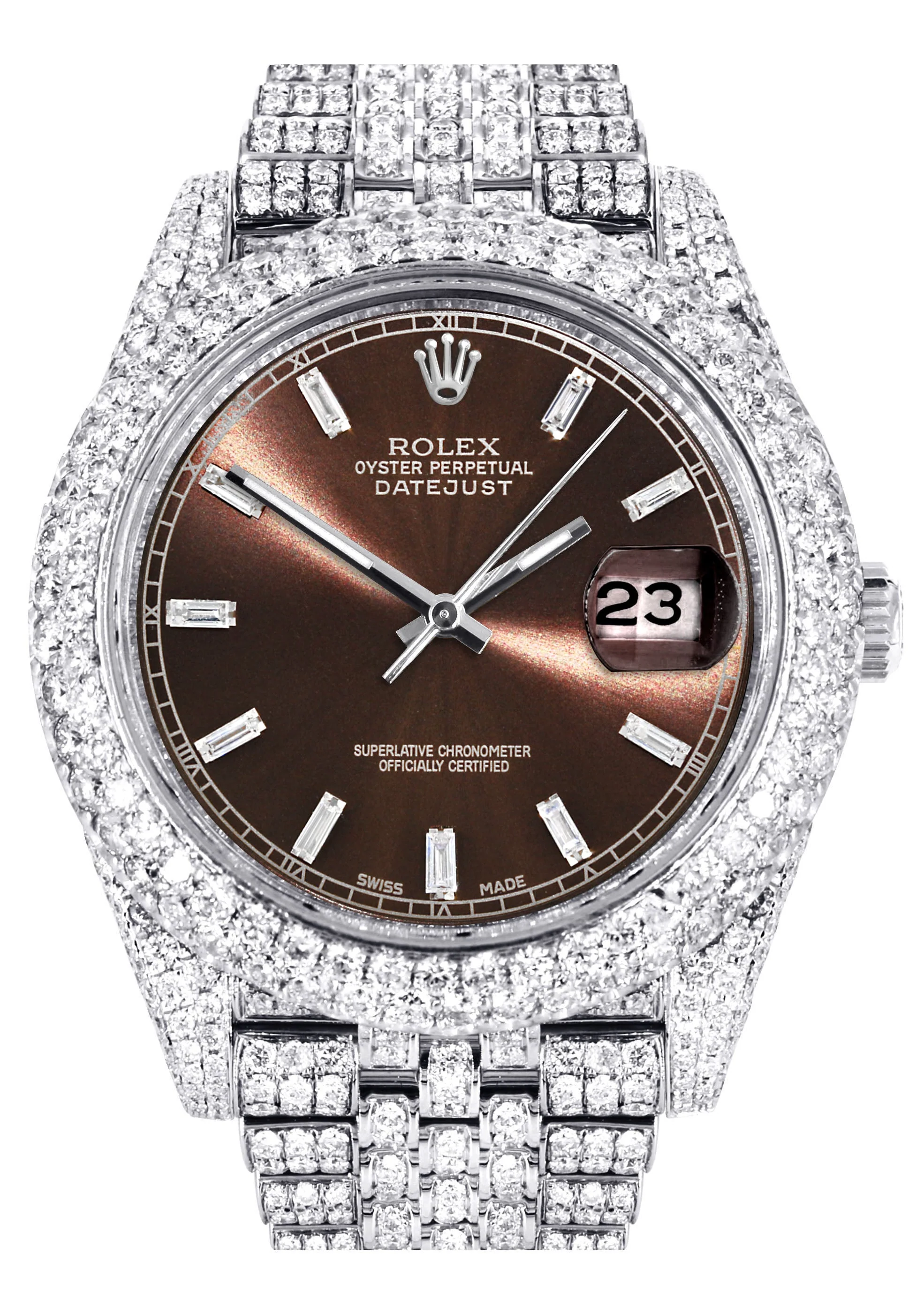Womens Diamond Iced Out Rolex Datejust 41 | 25 Carats Of Diamonds | Morocco Brown Diamond Dial | Two Row | Jubilee Band