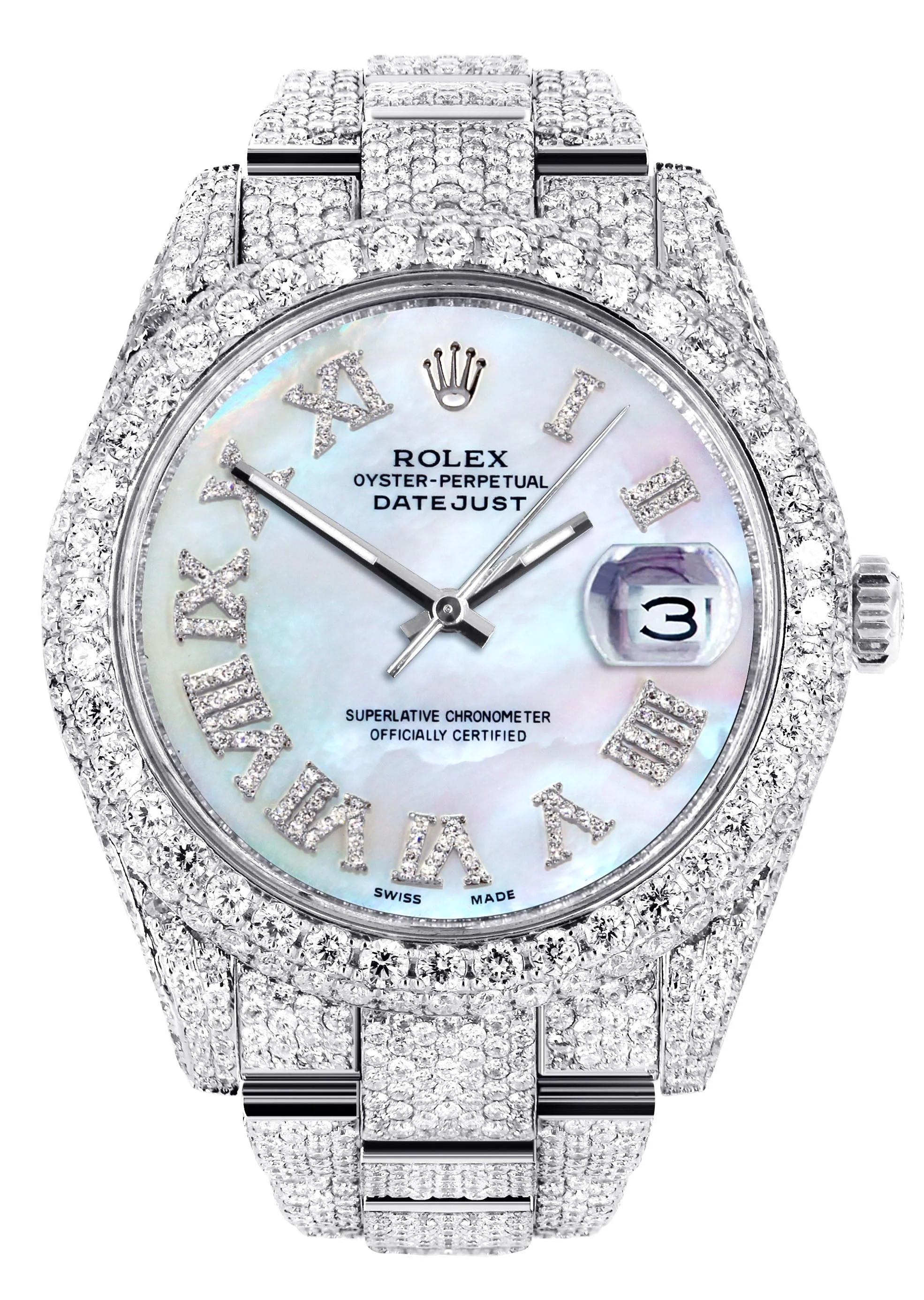 Womens Diamond Iced Out Rolex Datejust 41 | 25 Carats Of Diamonds | Mother of Pearl Dial | Two Row | Oyster Band