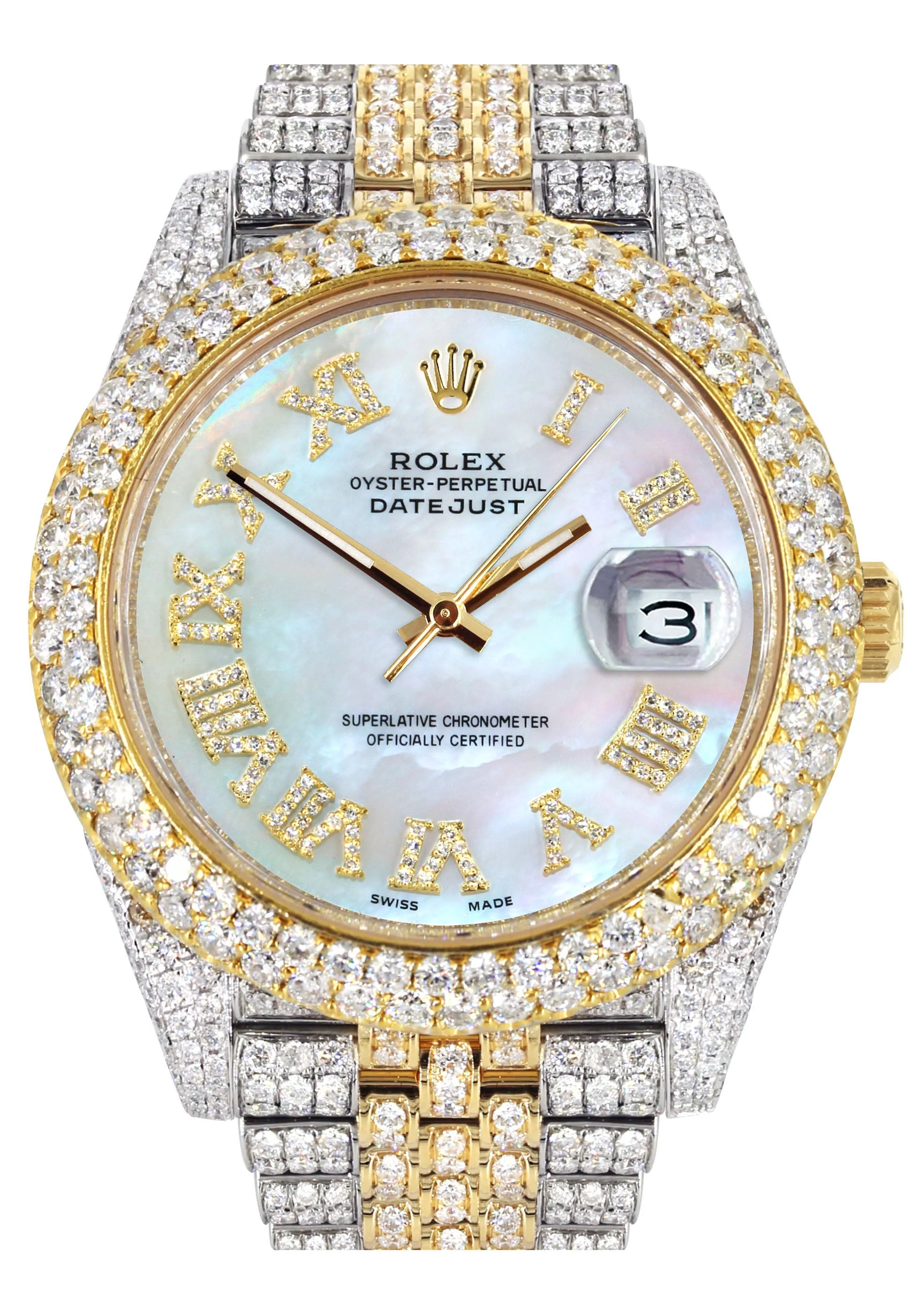 Womens Diamond Iced Out Rolex Datejust 41 | 25 Carats Of Diamonds | Mother Of Pearl Dial | Two Tone | Two Row | Jubilee Band