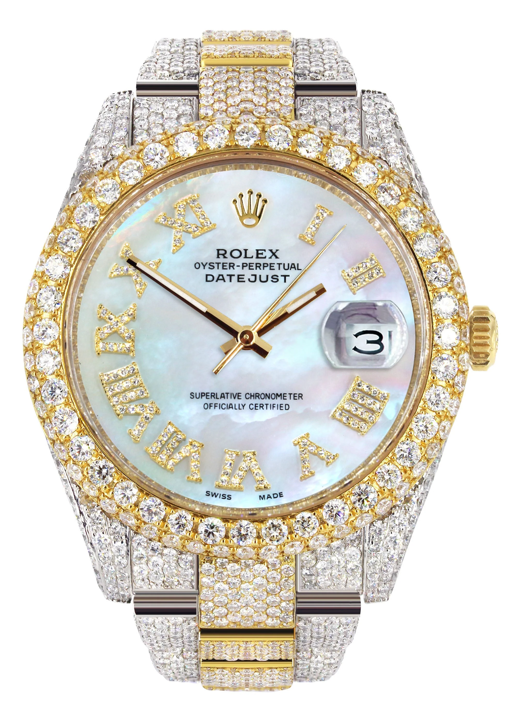 Womens Diamond Iced Out Rolex Datejust 41 | 25 Carats Of Diamonds | Mother of Pearl Roman Numeral Dial | Two Tone | Two Row | Oyster Band