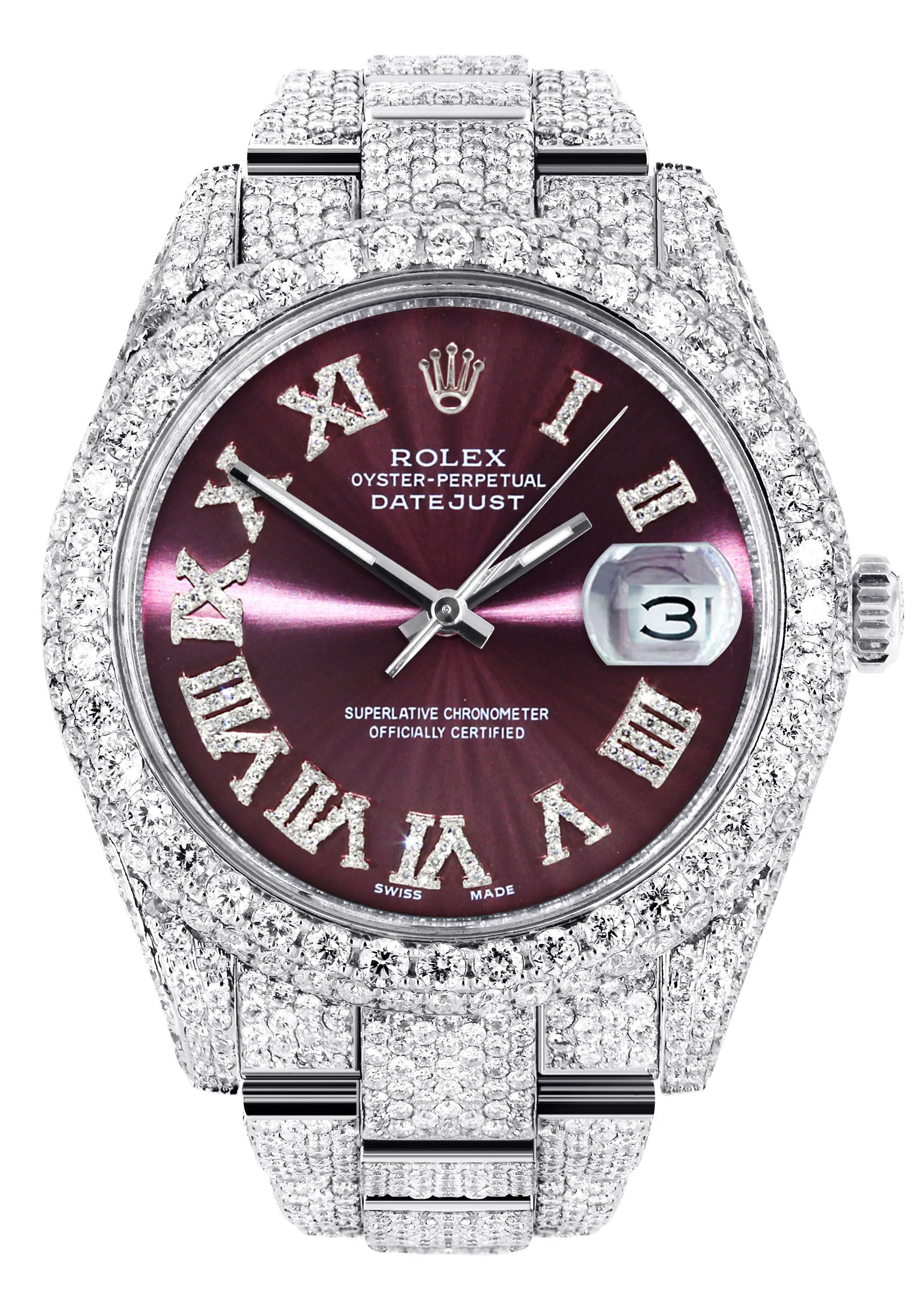 Womens Diamond Iced Out Rolex Datejust 41 | 25 Carats Of Diamonds | Purple Roman Numeral Dial | Two Row | Oyster Band