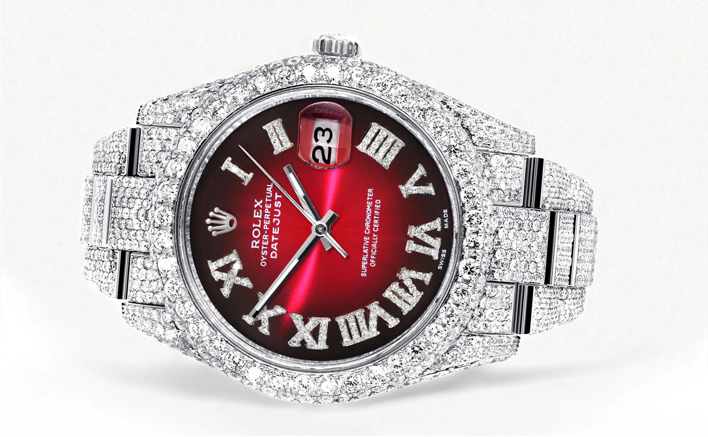 Womens Diamond Iced Out Rolex Datejust 41 | 25 Carats Of Diamonds | Red Black Roman Numeral Dial | Two Row | Oyster Band - Image 2