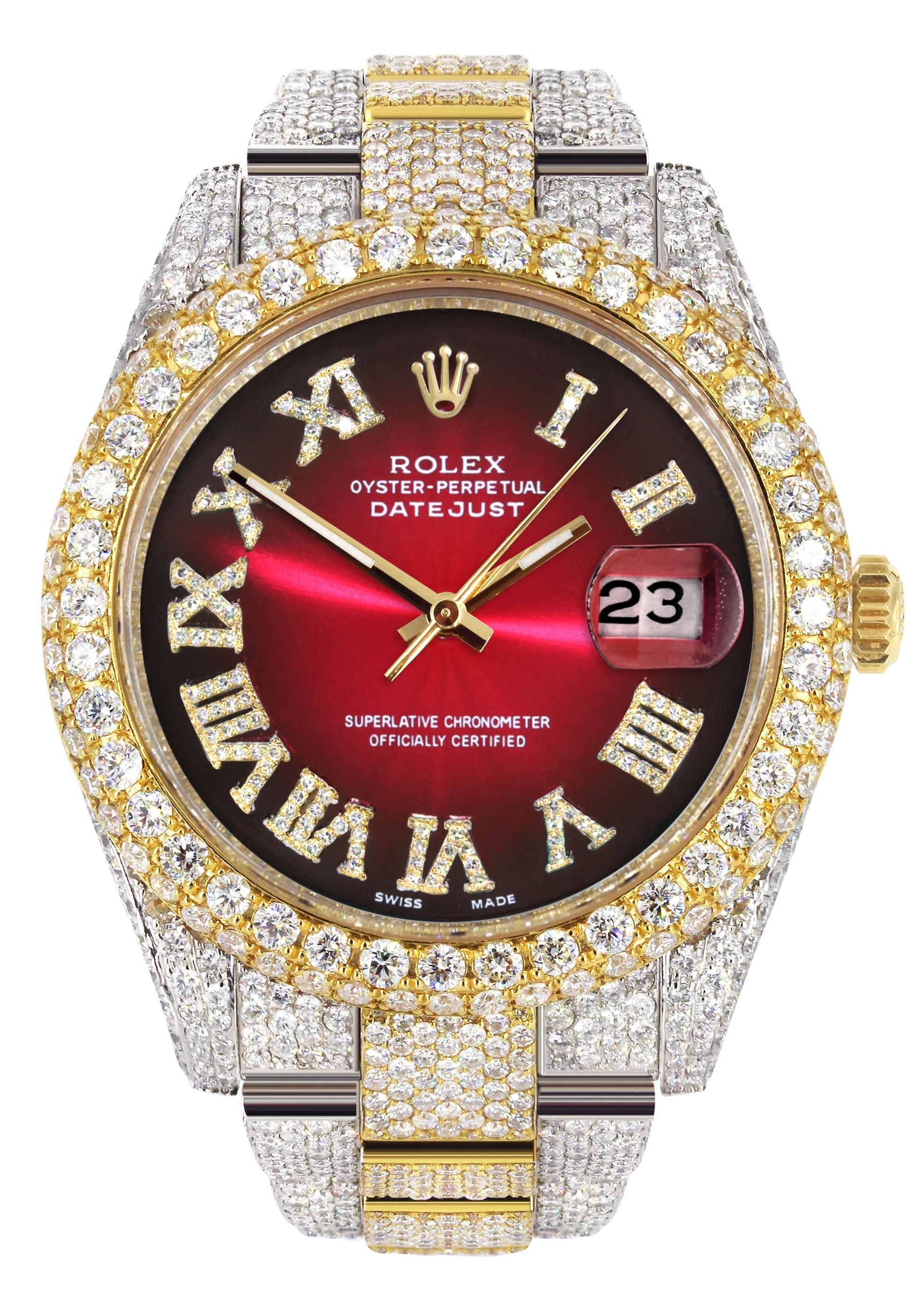 Womens Diamond Iced Out Rolex Datejust 41 | 25 Carats Of Diamonds | Red Black Roman Numeral Dial | Two Tone | Two Row | Oyster Band