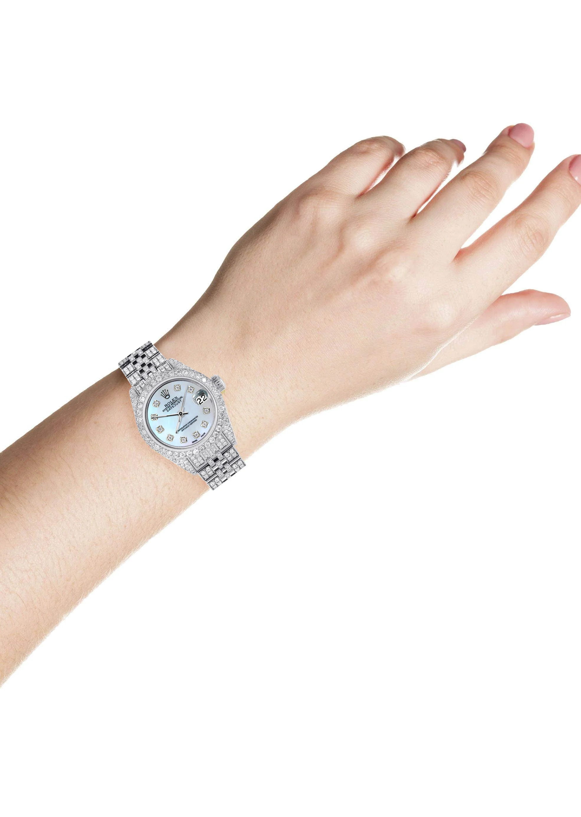 Womens Diamond Stainless Steel Rolex Watch | 26Mm | Light Blue Mother Of Pearl Dial | Jubilee Band - Image 3