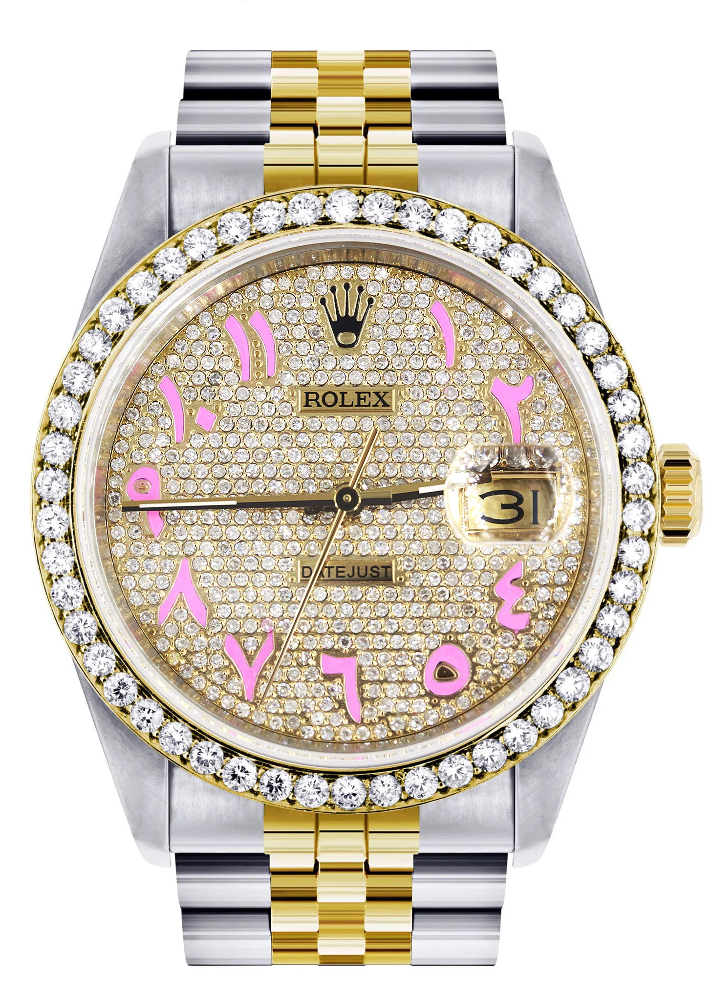 Womens Gold Rolex Watch 16233 | 36Mm | Custom Pink Arabic Full Diamond Dial | Jubilee Band