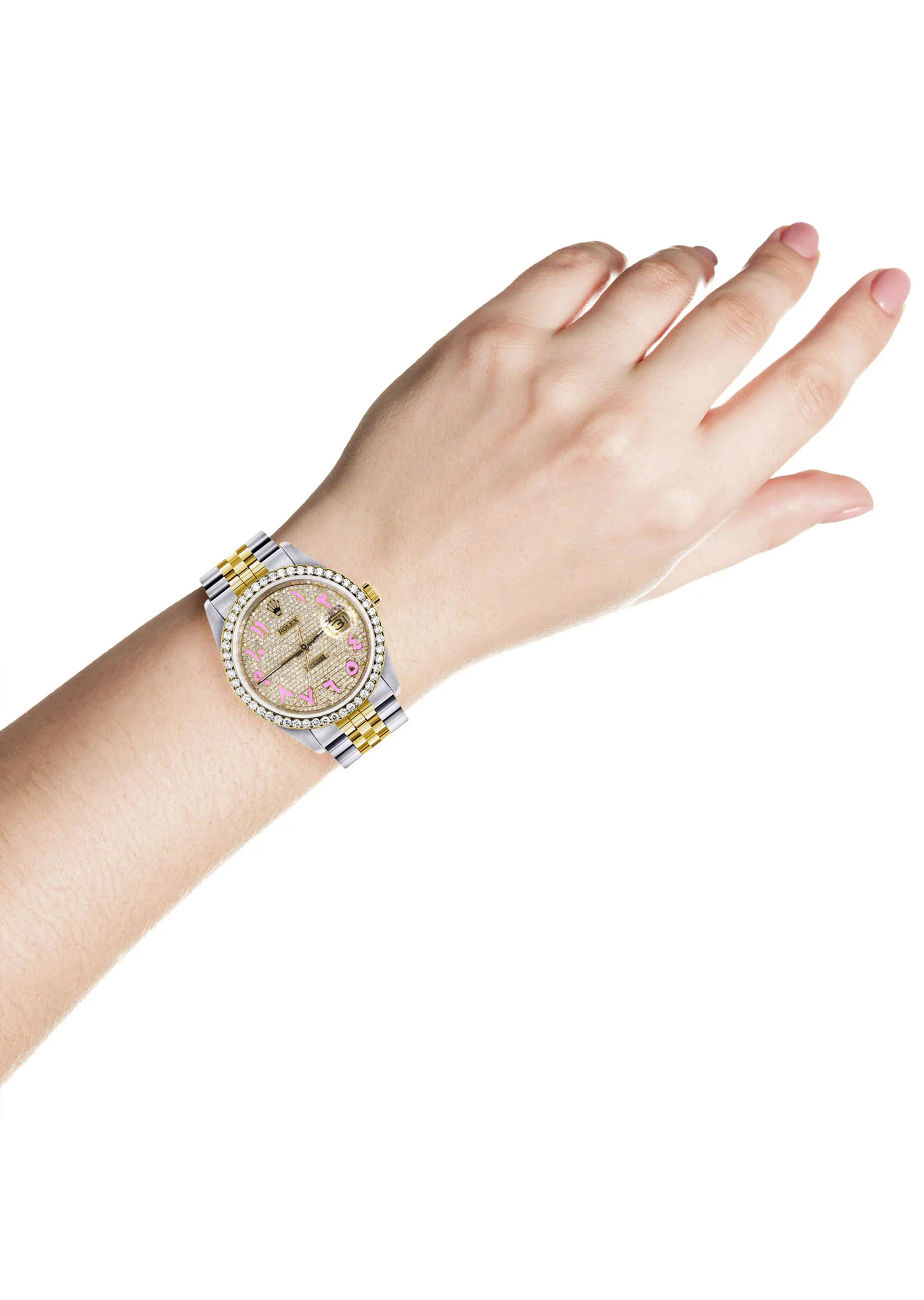Womens Gold Rolex Watch 16233 | 36Mm | Custom Pink Arabic Full Diamond Dial | Jubilee Band - Image 4
