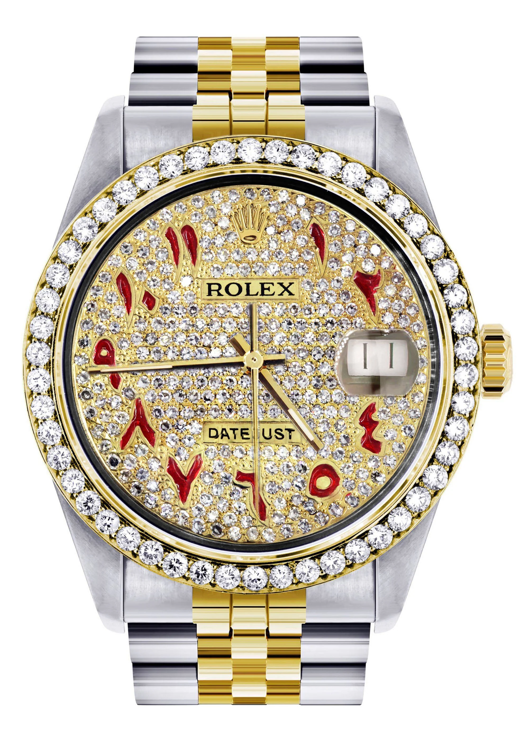 Womens Gold Rolex Watch 16233 | 36Mm | Custom Red Arabic Full Diamond Dial | Jubilee Band
