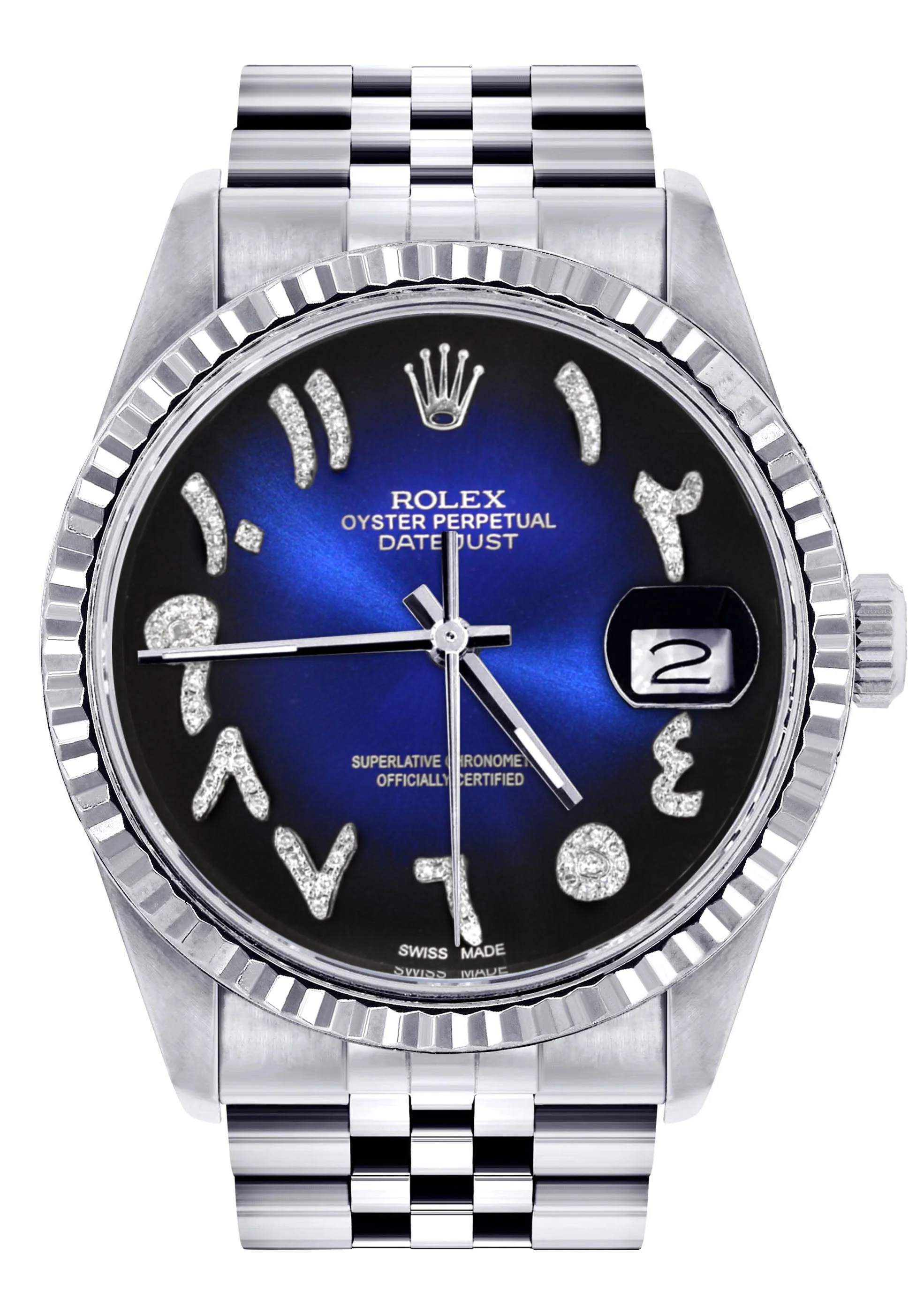Womens Rolex Datejust Watch 16200 | Fluted Bezel | 36Mm | Blue Black Arabic Dial | Fluted Bezel | Jubilee Band