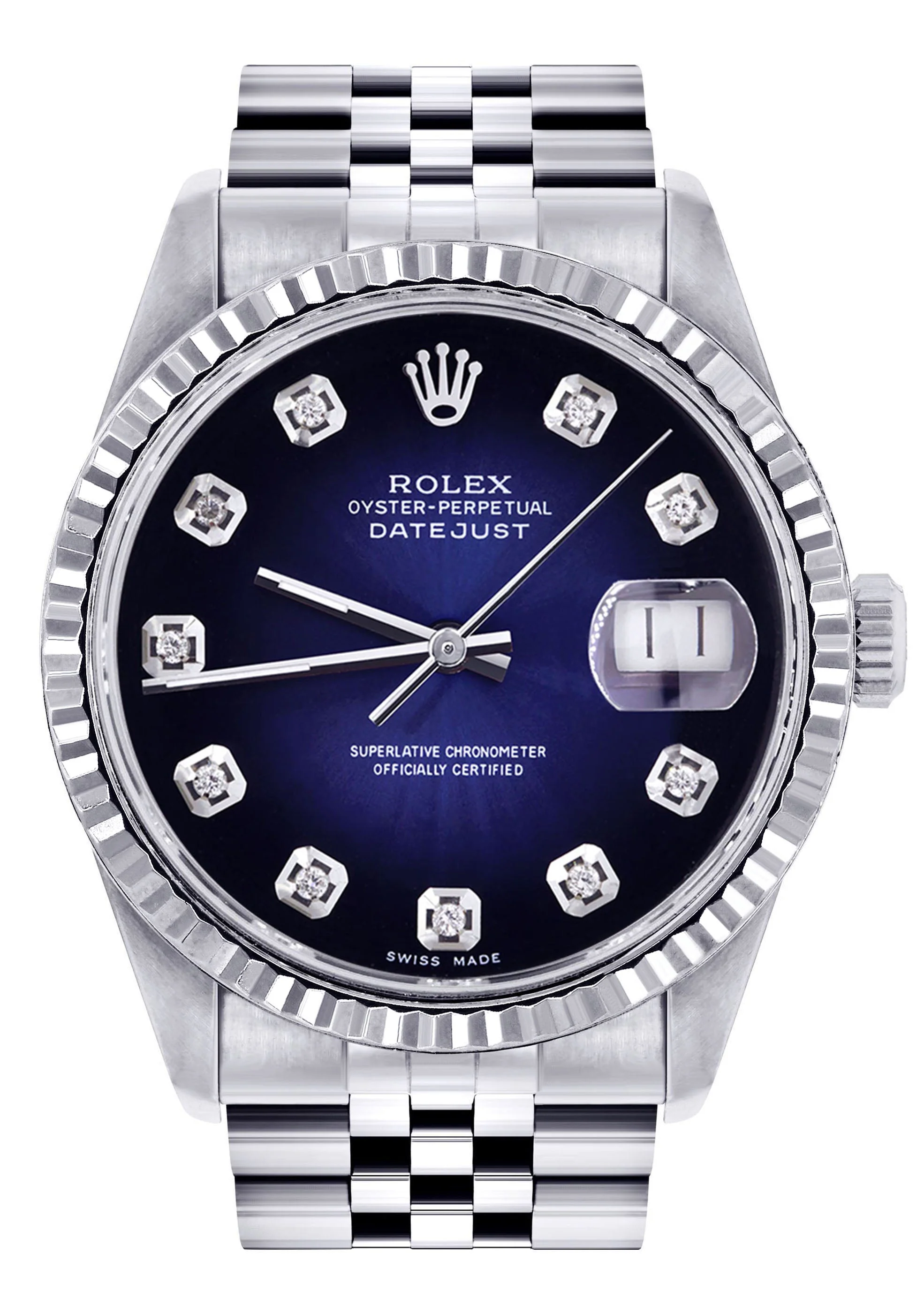 Womens Rolex Datejust Watch 16200 | Fluted Bezel | 36Mm | Blue Black Dial | Fluted Bezel | Jubilee Band