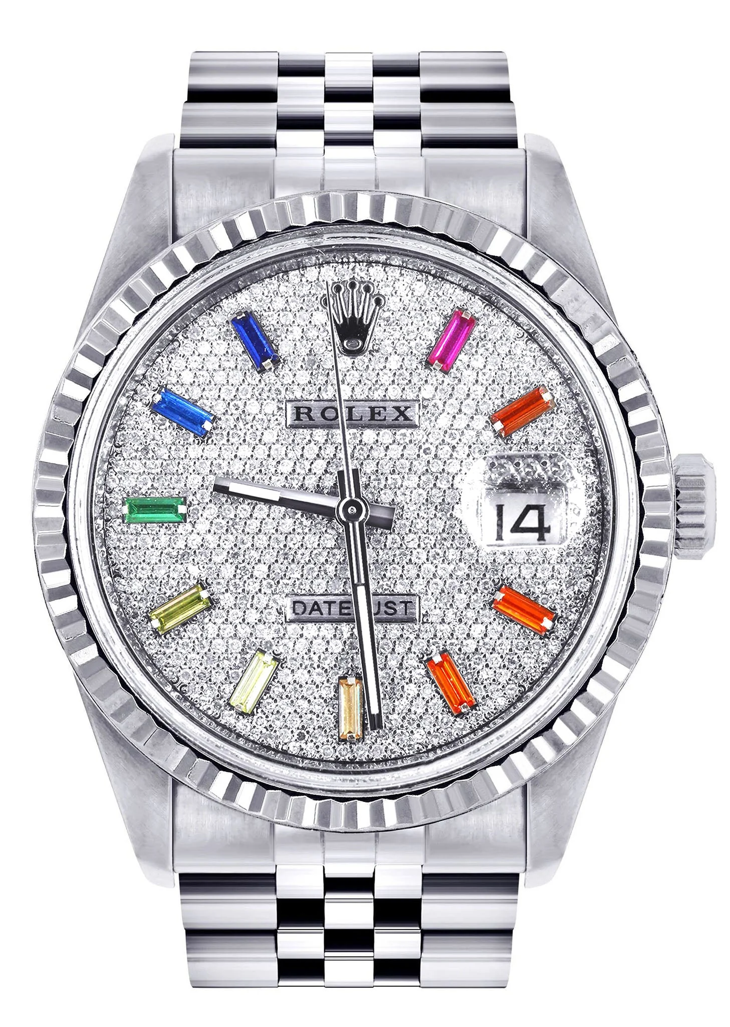 Womens Rolex Datejust Watch 16200 | Fluted Bezel | 36Mm | Color Baguettes Diamond Dial | Fluted Bezel | Jubilee Band