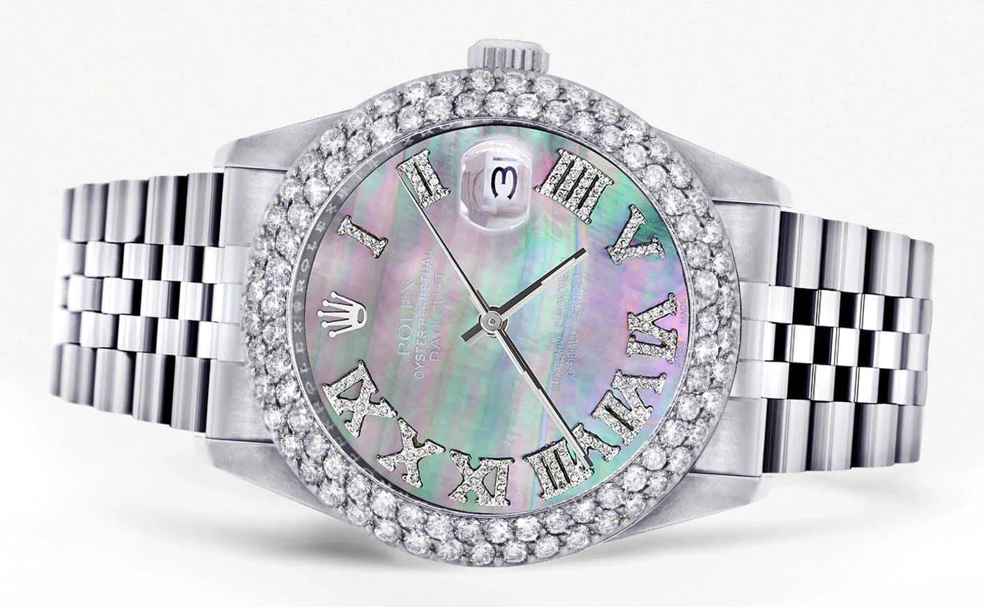Womens Rolex Datejust Watch 16200 | 36Mm | Dark Mother of Pearl Roman Numeral Dial | Two Row 4.25 Carat Bezel | Jubilee Band - Image 2