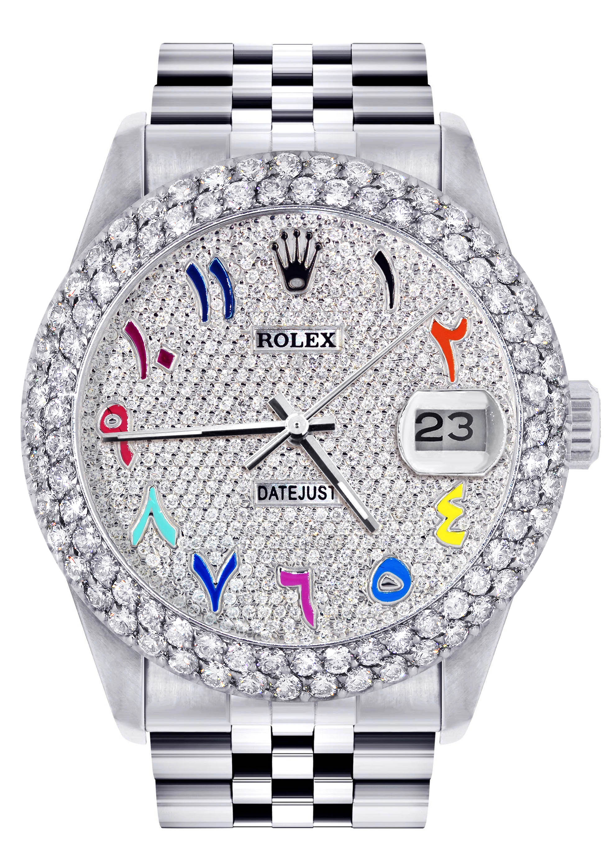 Womens Rolex Datejust Watch 16200 | 36Mm | Full Diamond Color Arabic Dial | Two Row 4.25 Carat Bezel | Jubilee Band