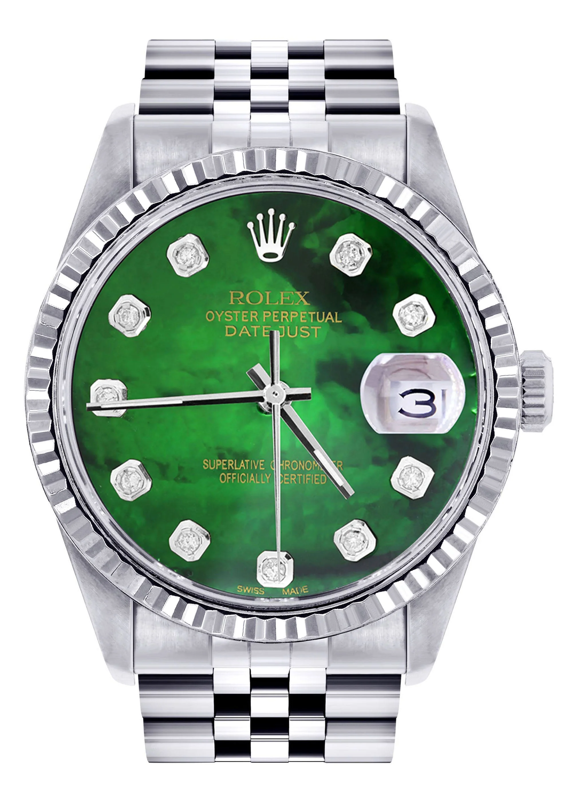 Womens Rolex Datejust Watch 16200 | Fluted Bezel | 36Mm | Green Mother of Pearl Dial | Fluted Bezel | Jubilee Band