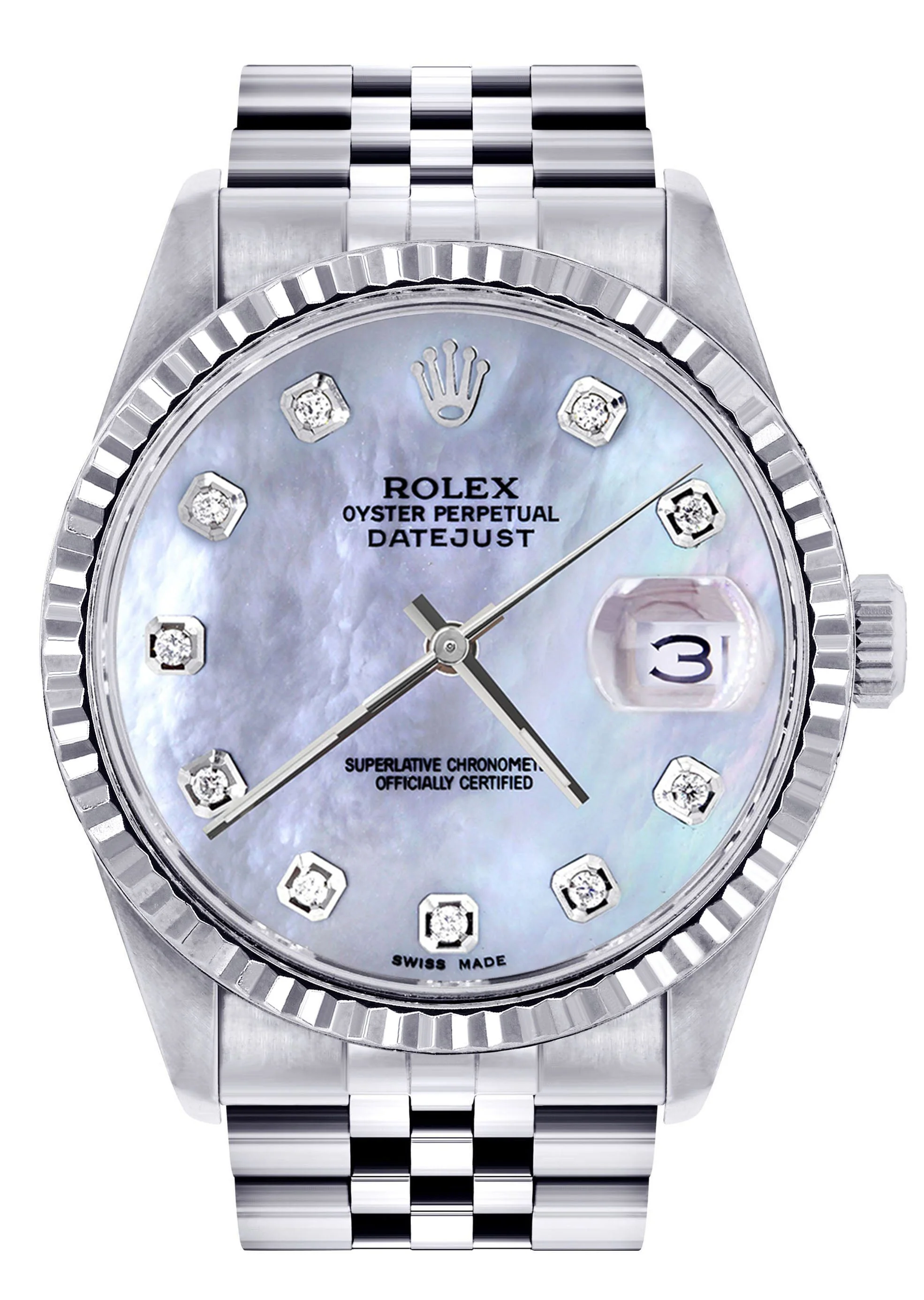 Womens Rolex Datejust Watch 16200 | Fluted Bezel | 36Mm | Light Blue Mother of Pearl Dial | Fluted Bezel | Jubilee Band