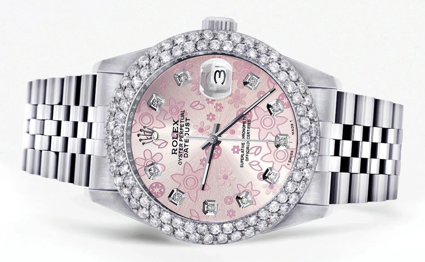 Womens Rolex Datejust Watch 16200 | 36Mm | Pink Flower Dial | Two Row 4.25 Carat Bezel | Jubilee Band - Image 2