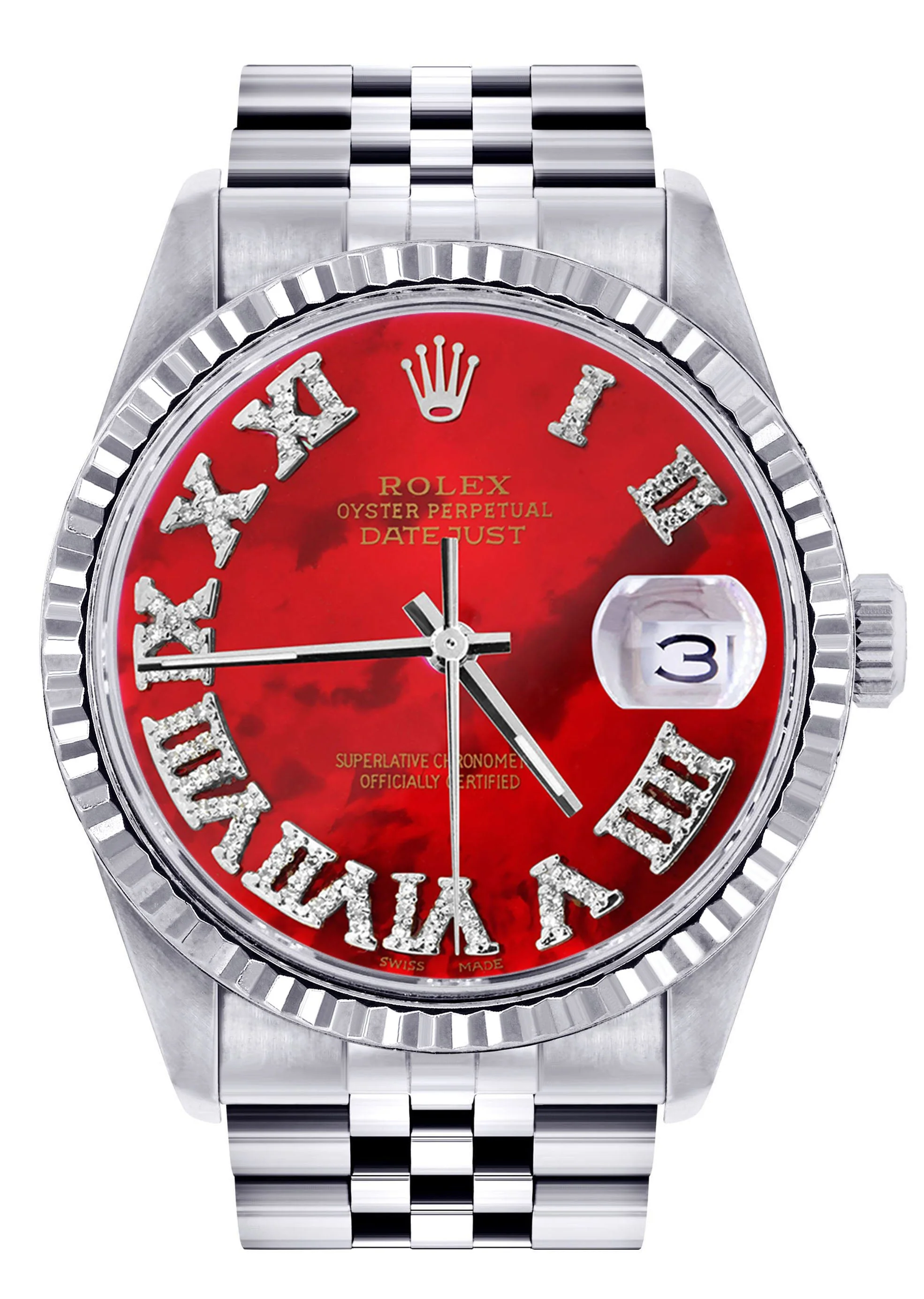 Womens Rolex Datejust Watch 16200 | 36Mm | Red Mother of Pearl Roman Numeral Dial | Fluted Bezel | Jubilee Band