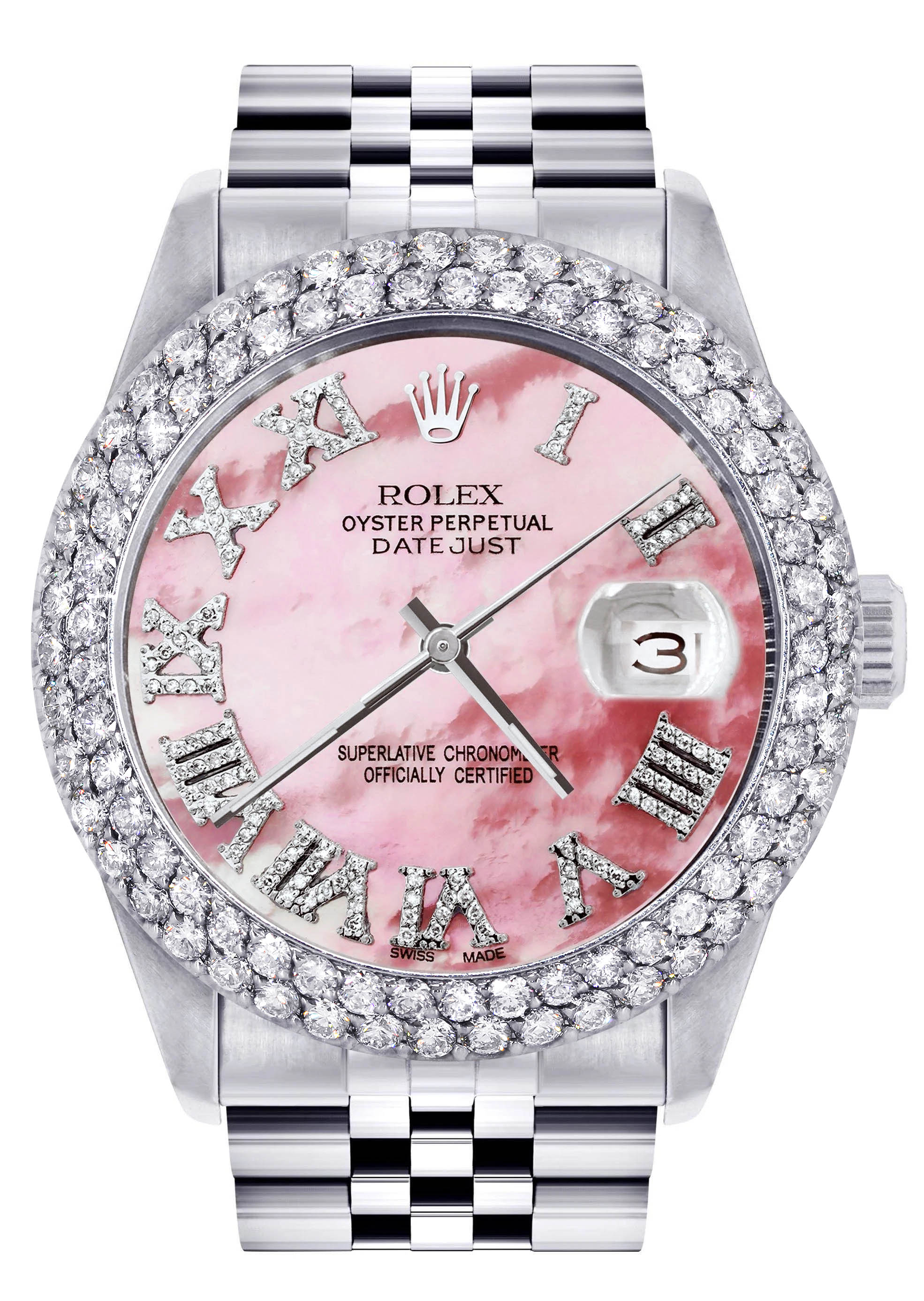 Womens Rolex Datejust Watch 16200 | 36Mm | Rose Mother of Pearl Roman Numeral Dial | Two Row 4.25 Carat Bezel | Jubilee Band