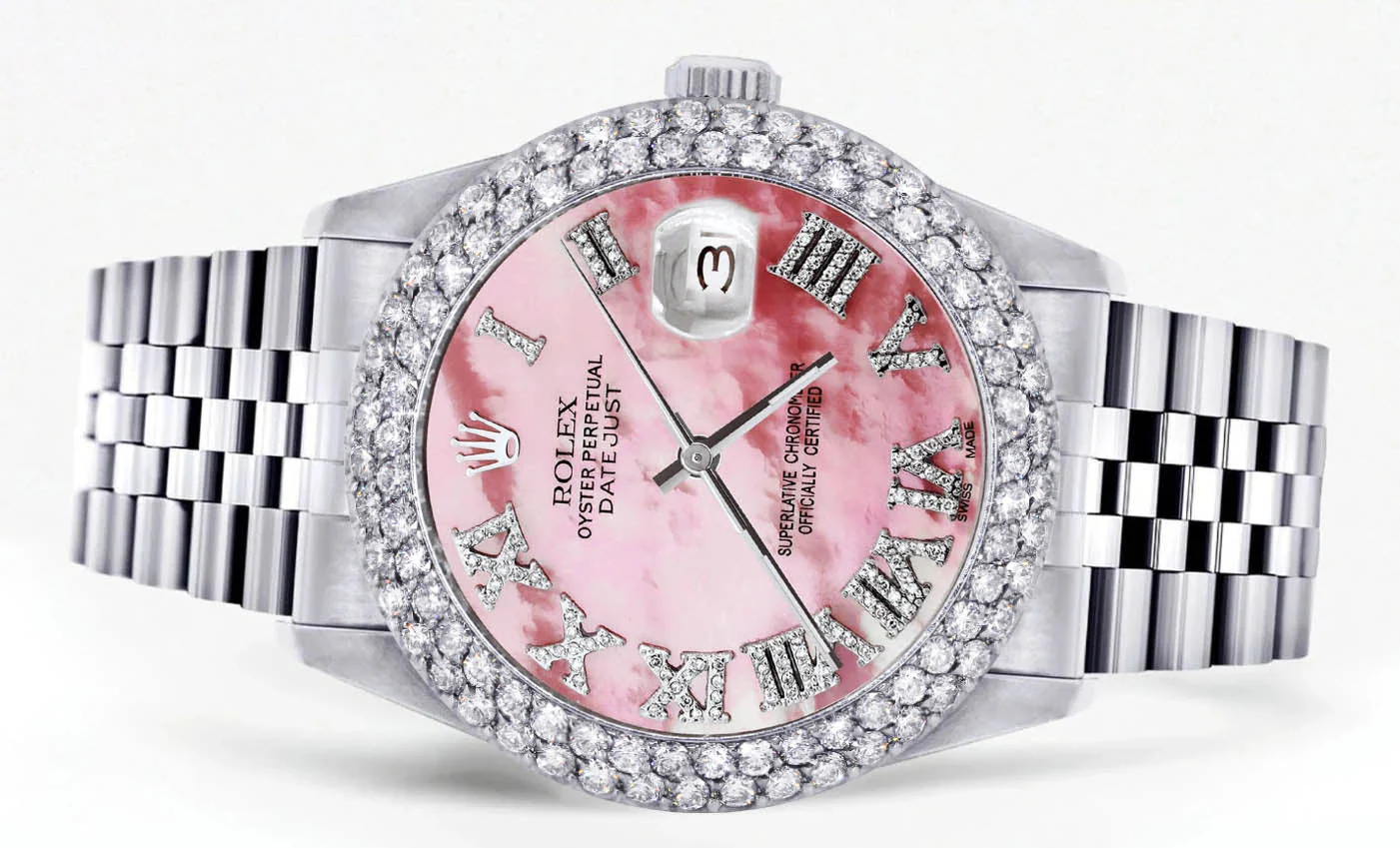 Womens Rolex Datejust Watch 16200 | 36Mm | Rose Mother of Pearl Roman Numeral Dial | Two Row 4.25 Carat Bezel | Jubilee Band - Image 2