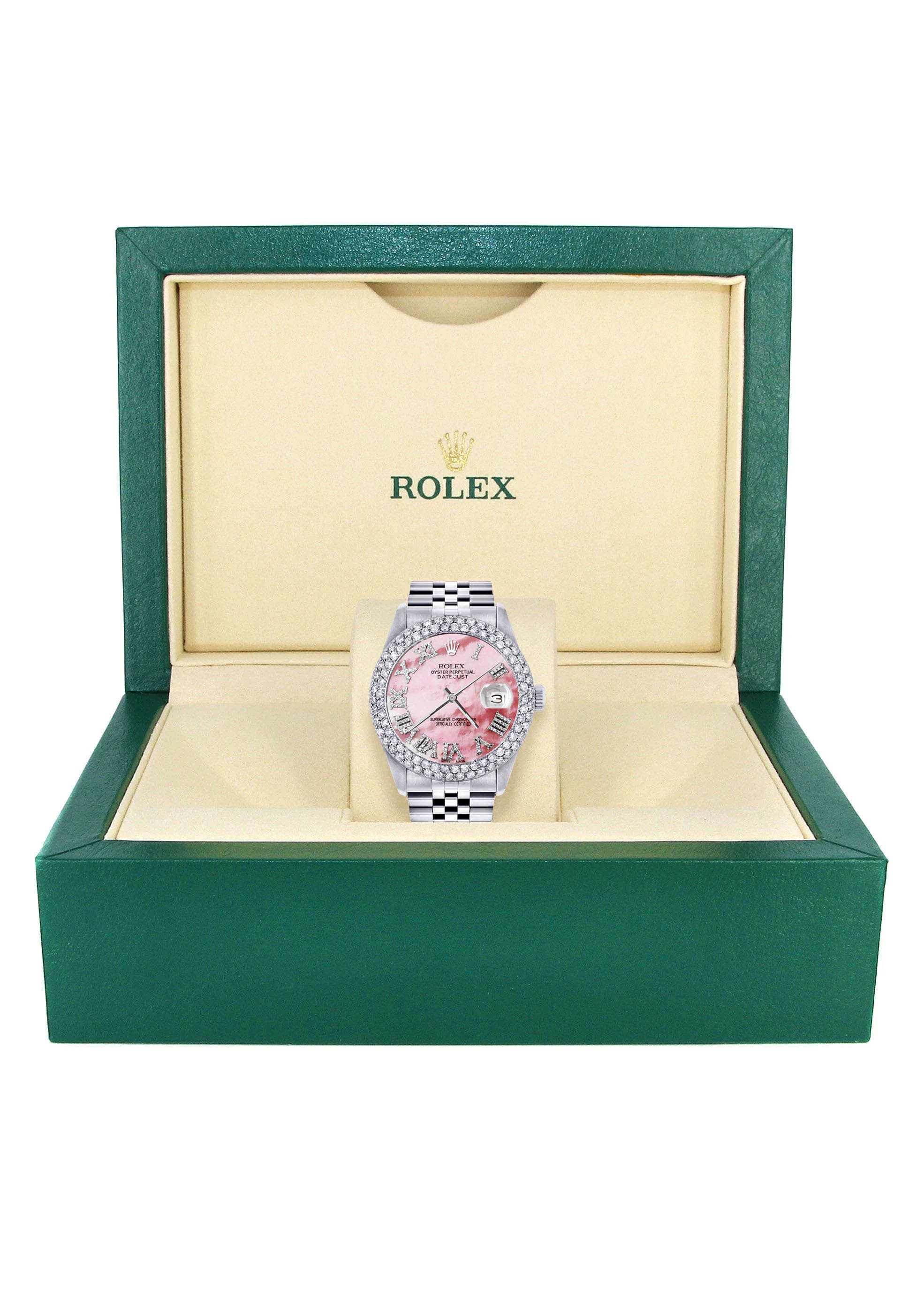 Womens Rolex Datejust Watch 16200 | 36Mm | Rose Mother of Pearl Roman Numeral Dial | Two Row 4.25 Carat Bezel | Jubilee Band - Image 5