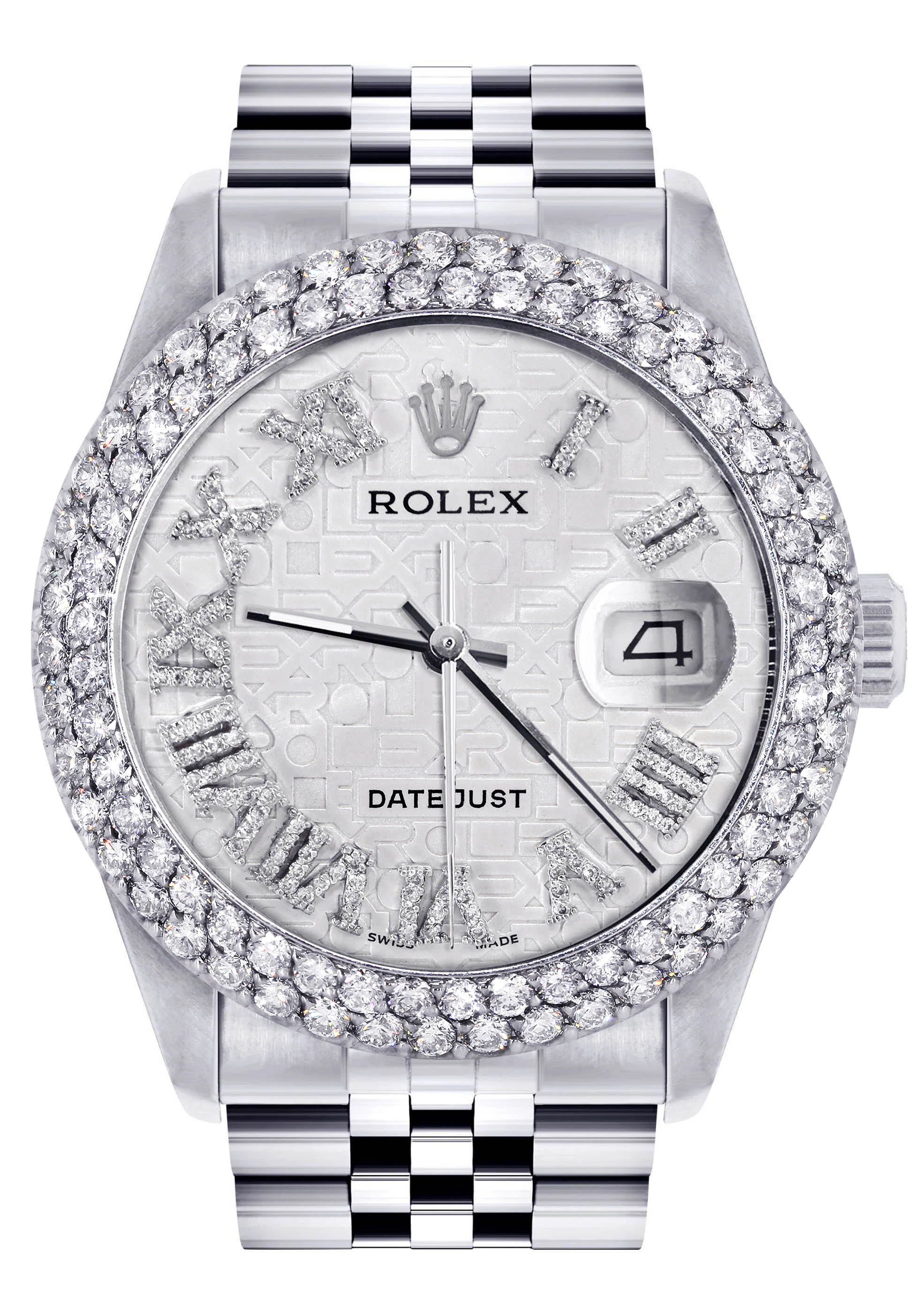 Womens Rolex Datejust Watch 16200 | 36Mm | White Texture Roman Numeral Dial | Two Row 4.25 Carat Bezel | Jubilee Band