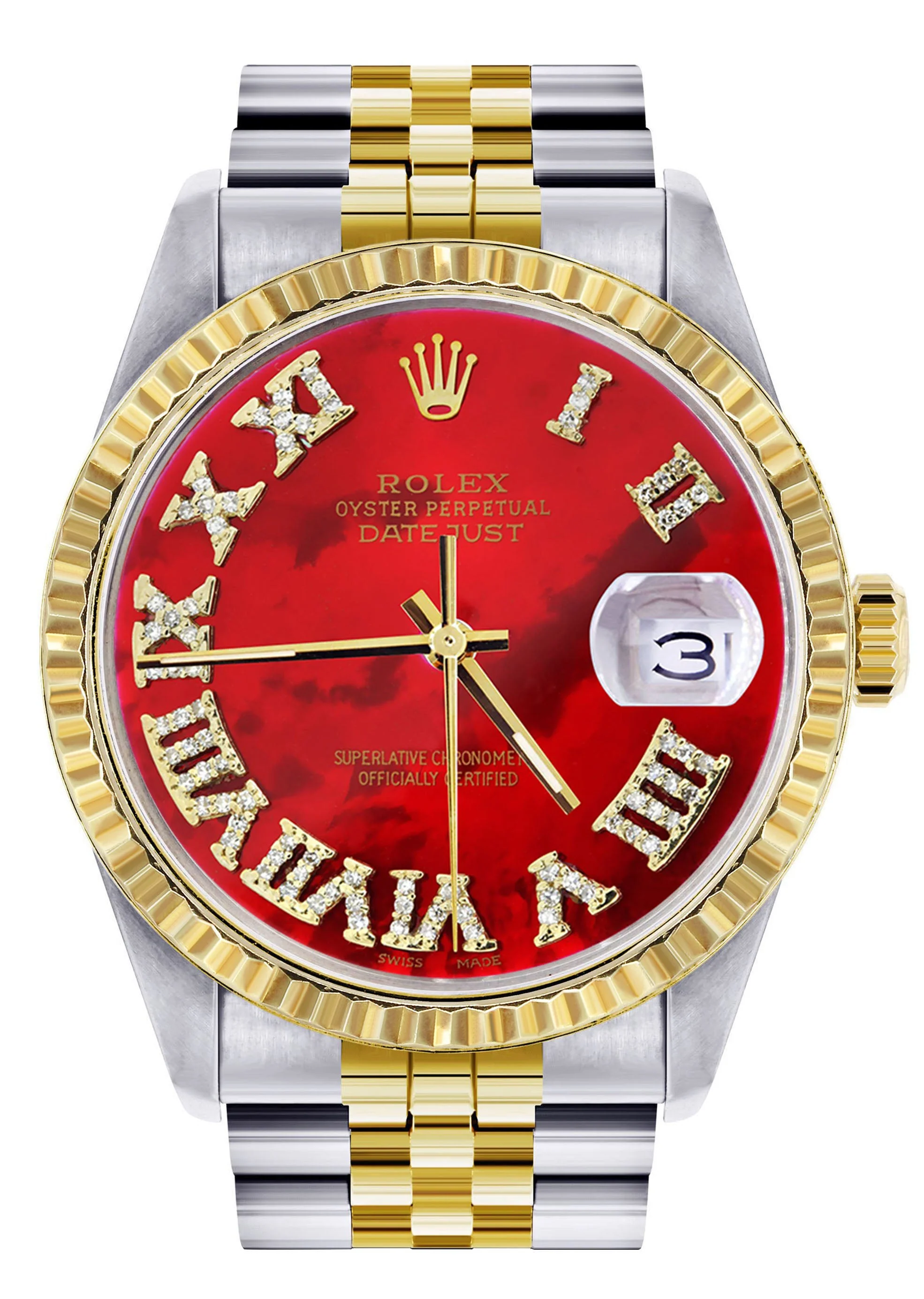 Womens Rolex Datejust Watch 16233 Two Tone | 36Mm | Red Mother of Pearl Roman Dial | Fluted Bezel | Jubilee Band