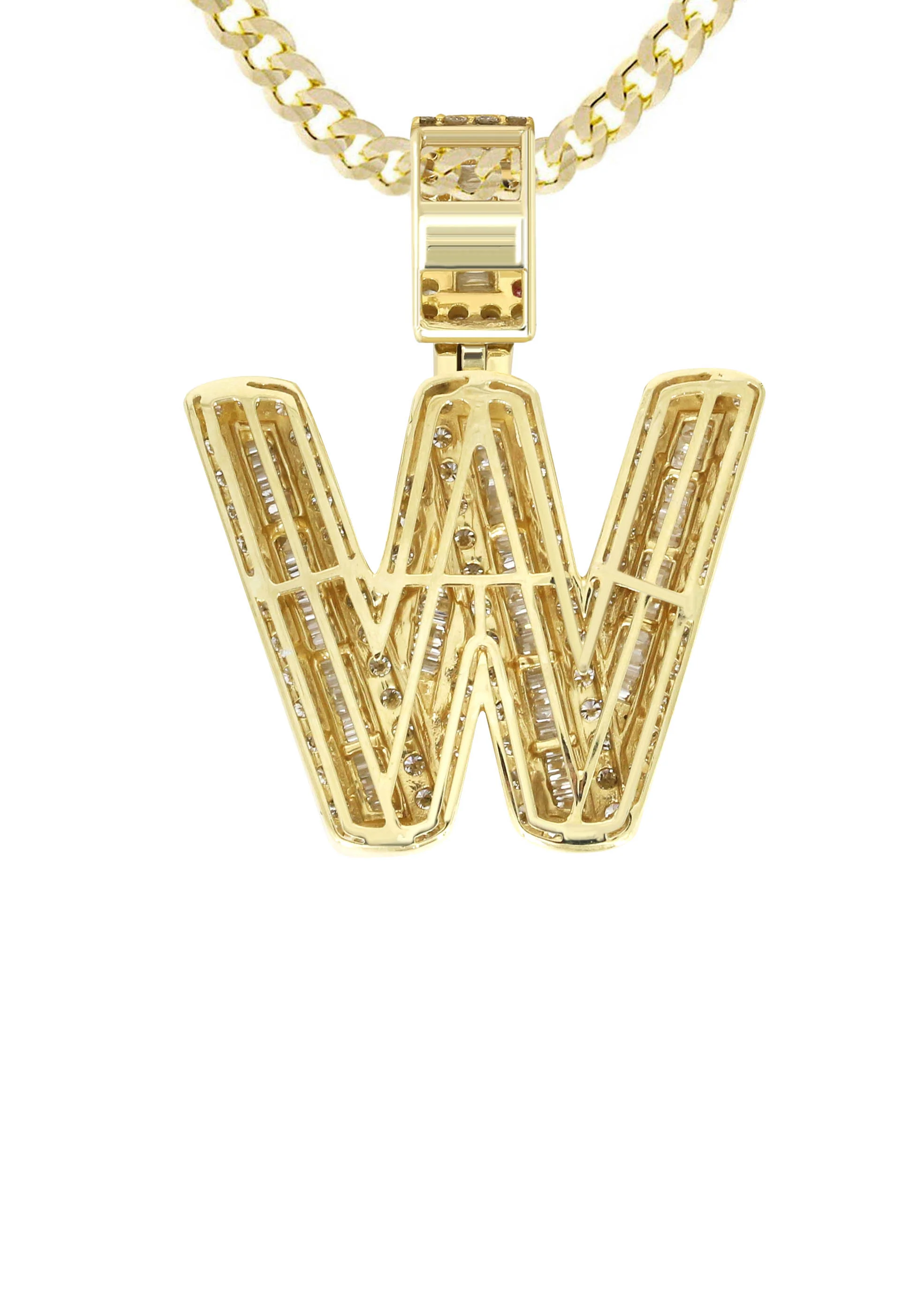 Yellow Gold Letter "W" Baguette Diamond Necklace | 3.3 Carats - Image 3